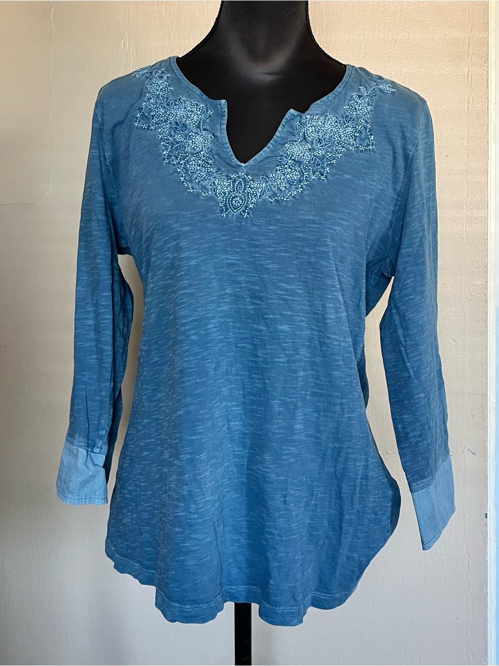 Blue boho embroidered 100% cotton peasant top
